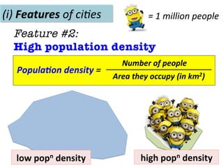 (i)	
  Features	
  of	
  ci(es	
  
Feature #2: 
High population density
	
  
	
  
Popula>on	
  density	
  =	
  
Number	
  of	
  people	
  
Area	
  they	
  occupy	
  (in	
  km2)	
  
high	
  popn	
  density	
  low	
  popn	
  density	
  
=	
  1	
  million	
  people	
  
 