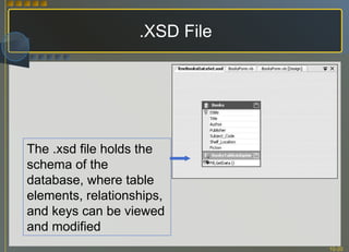 .XSD File The .xsd file holds the schema of the database, where table elements, relationships, and keys can be viewed and modified 