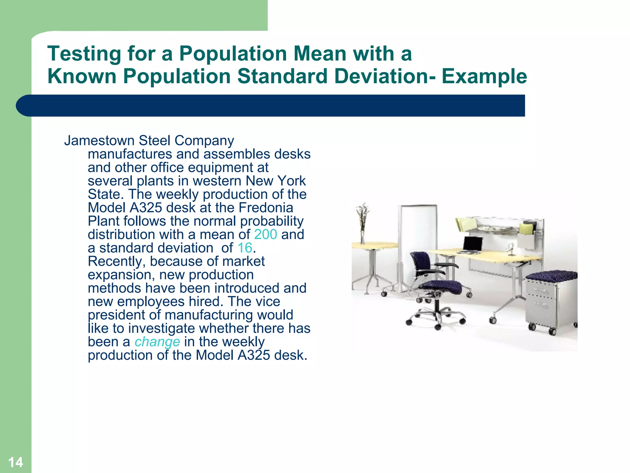 Testing for a Population Mean with a Known Population Standard Deviation- Example Jamestown Steel Company manufactures and assembles desks and other office equipment at several plants in western New York State. The weekly production of the Model A325 desk at the Fredonia Plant follows the normal probability distribution with a mean of  200  and a standard deviation  of  16 . Recently, because of market expansion, new production methods have been introduced and new employees hired. The vice president of manufacturing would like to investigate whether there has been a  change   in the weekly production of the Model A325 desk. 