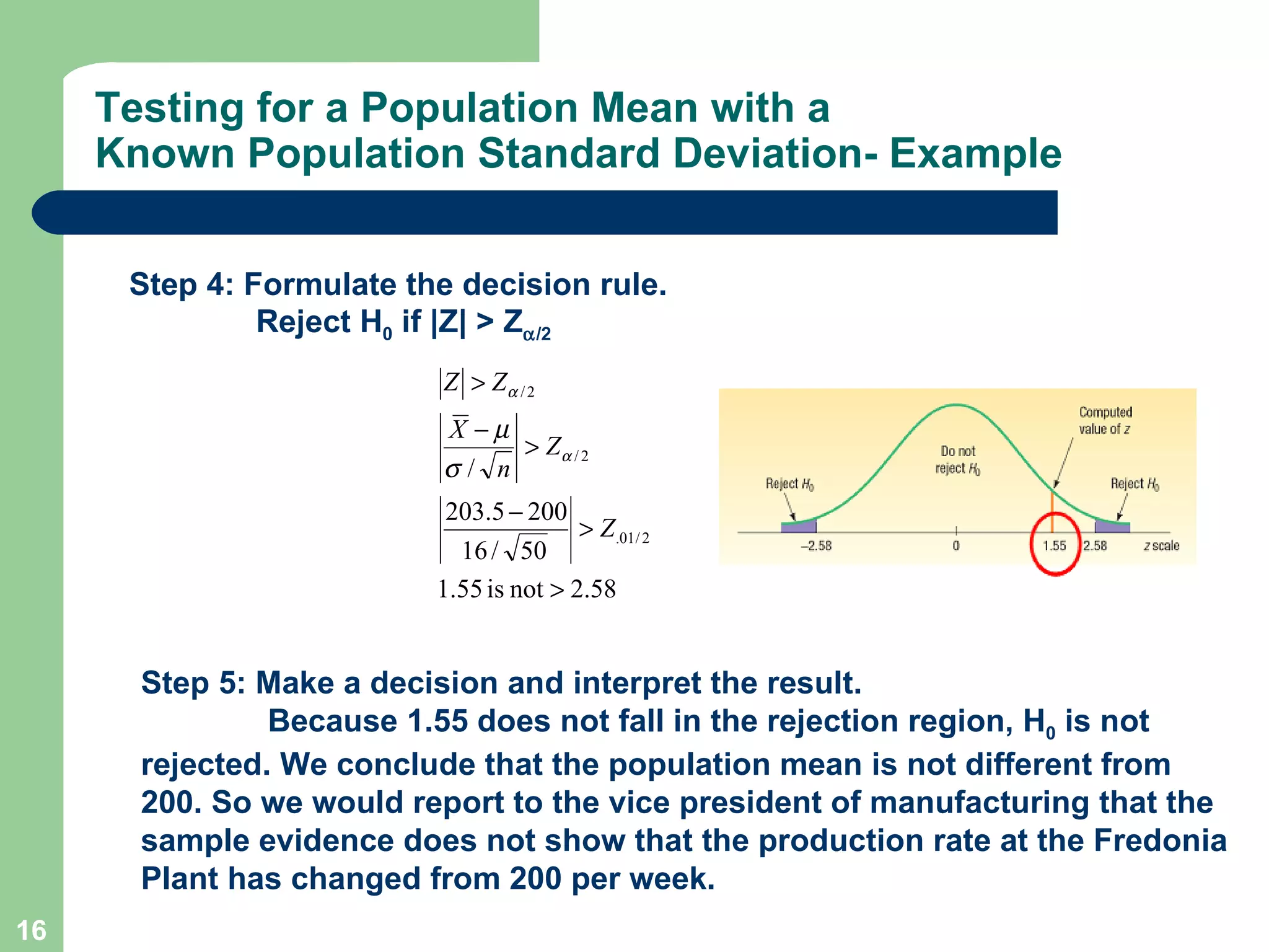 Testing for a Population Mean with a Known Population Standard Deviation- Example Step 4: Formulate the decision rule. Reject H 0  if |Z| > Z  /2 Step 5: Make a decision and interpret the result. Because 1.55 does not fall in the  r ejection region, H 0  is not rejected. We   conclude that the population mean is not different from 200. So we would   report to the vice president of manufacturing that the sample evidence does   not show that the production rate at the Fredonia Plant has changed from   200 per week. 