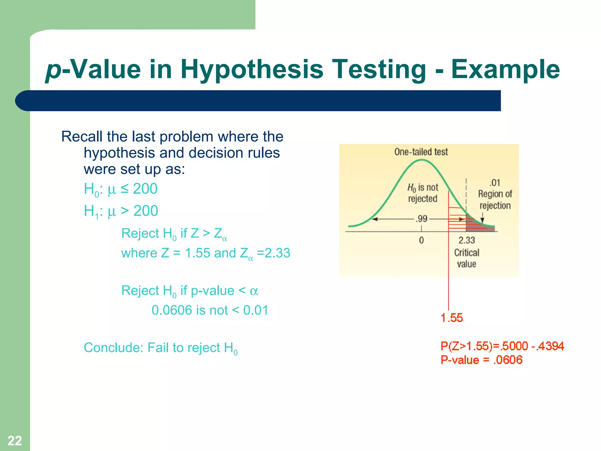 p -Value in Hypothesis Testing - Example Recall the last problem where the hypothesis and decision rules were set up as: H 0 :     ≤ 200 H 1 :     > 200 Reject  H 0  if Z > Z  where Z = 1.55 and Z   =2.33 Reject  H 0  if p-value <   0.0606 is not < 0.01 Conclude: Fail to reject H 0 