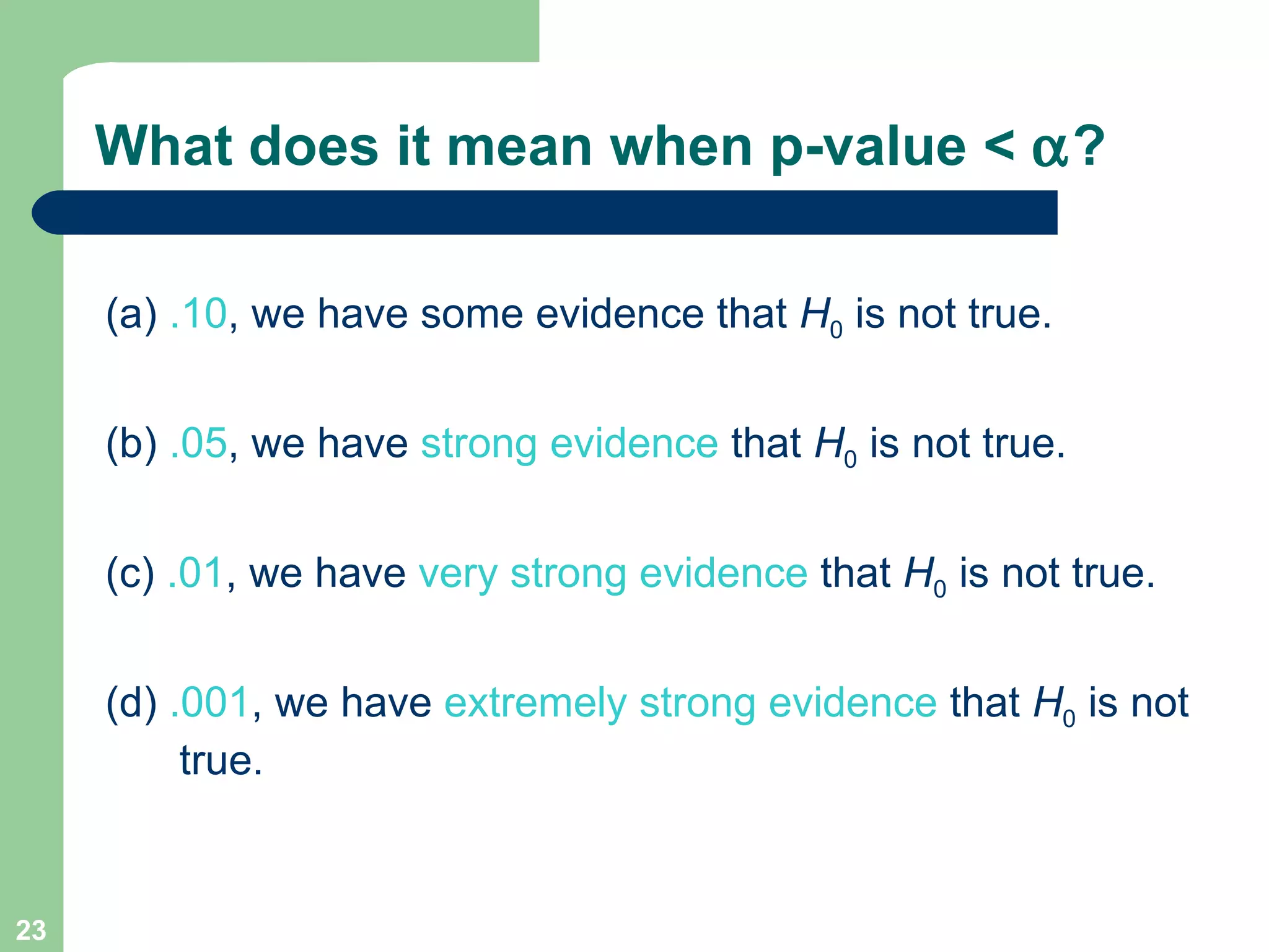 What does it mean when p-value <   ? (a)  .10 , we have some evidence that  H 0  is not true. (b)  .05 , we have  strong evidence  that  H 0  is not true. (c)  .01 , we have  very strong evidence  that  H 0  is not true. (d)  .001 , we have  extremely strong evidence  that  H 0  is not true. 