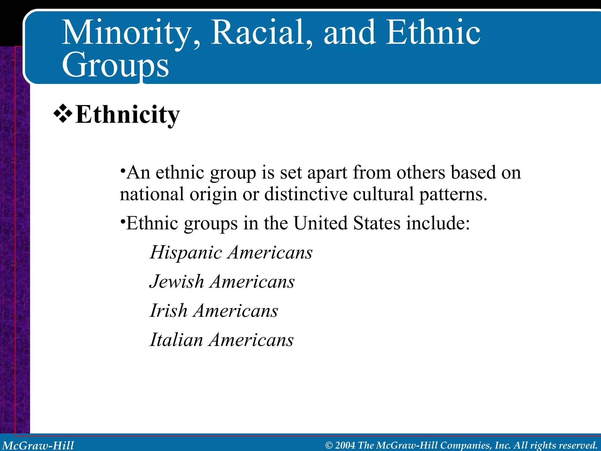 Minority, Racial, and Ethnic Groups Ethnicity An ethnic group is set apart from others based on national origin or distinctive cultural patterns. Ethnic groups in the United States include: Hispanic Americans Jewish Americans Irish Americans Italian Americans 