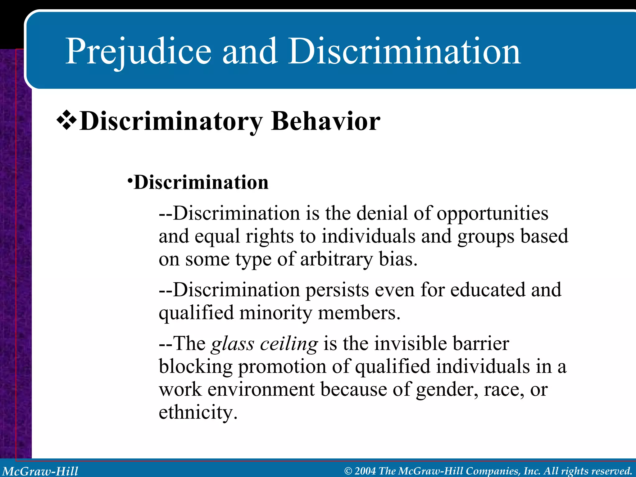 Prejudice and Discrimination Discriminatory Behavior Discrimination --Discrimination is the denial of opportunities and equal rights to individuals and groups based on some type of arbitrary bias. --Discrimination persists even for educated and qualified minority members. --The  glass ceiling  is the invisible barrier blocking promotion of qualified individuals in a work environment because of gender, race, or ethnicity. 
