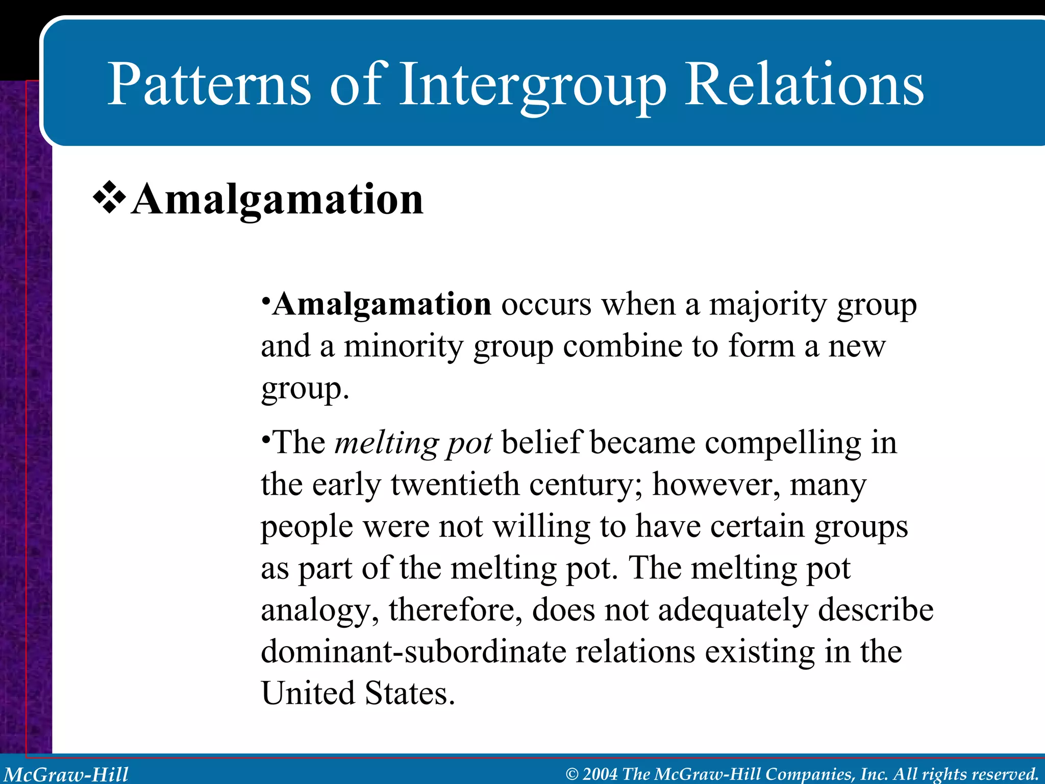 Patterns of Intergroup Relations Amalgamation Amalgamation  occurs when a majority group and a minority group combine to form a new group. The  melting pot  belief became compelling in the early twentieth century; however, many people were not willing to have certain groups as part of the melting pot. The melting pot analogy, therefore, does not adequately describe dominant-subordinate relations existing in the United States. 
