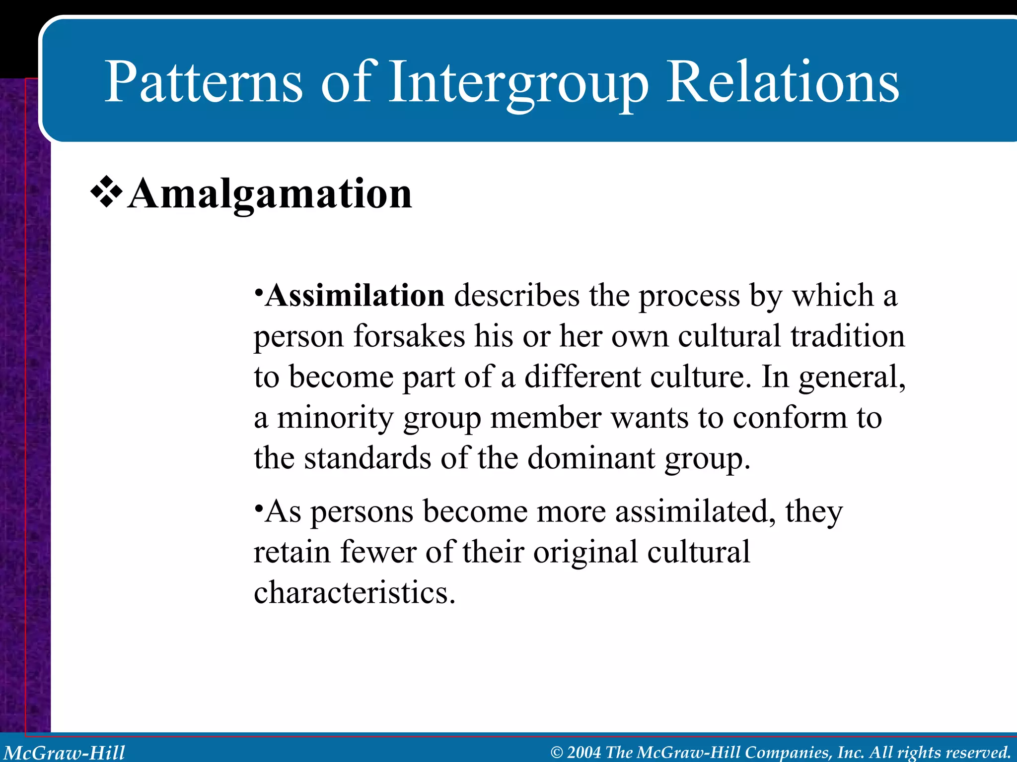 Patterns of Intergroup Relations Amalgamation Assimilation  describes the process by which a person forsakes his or her own cultural tradition to become part of a different culture. In general, a minority group member wants to conform to the standards of the dominant group. As persons become more assimilated, they retain fewer of their original cultural characteristics. 