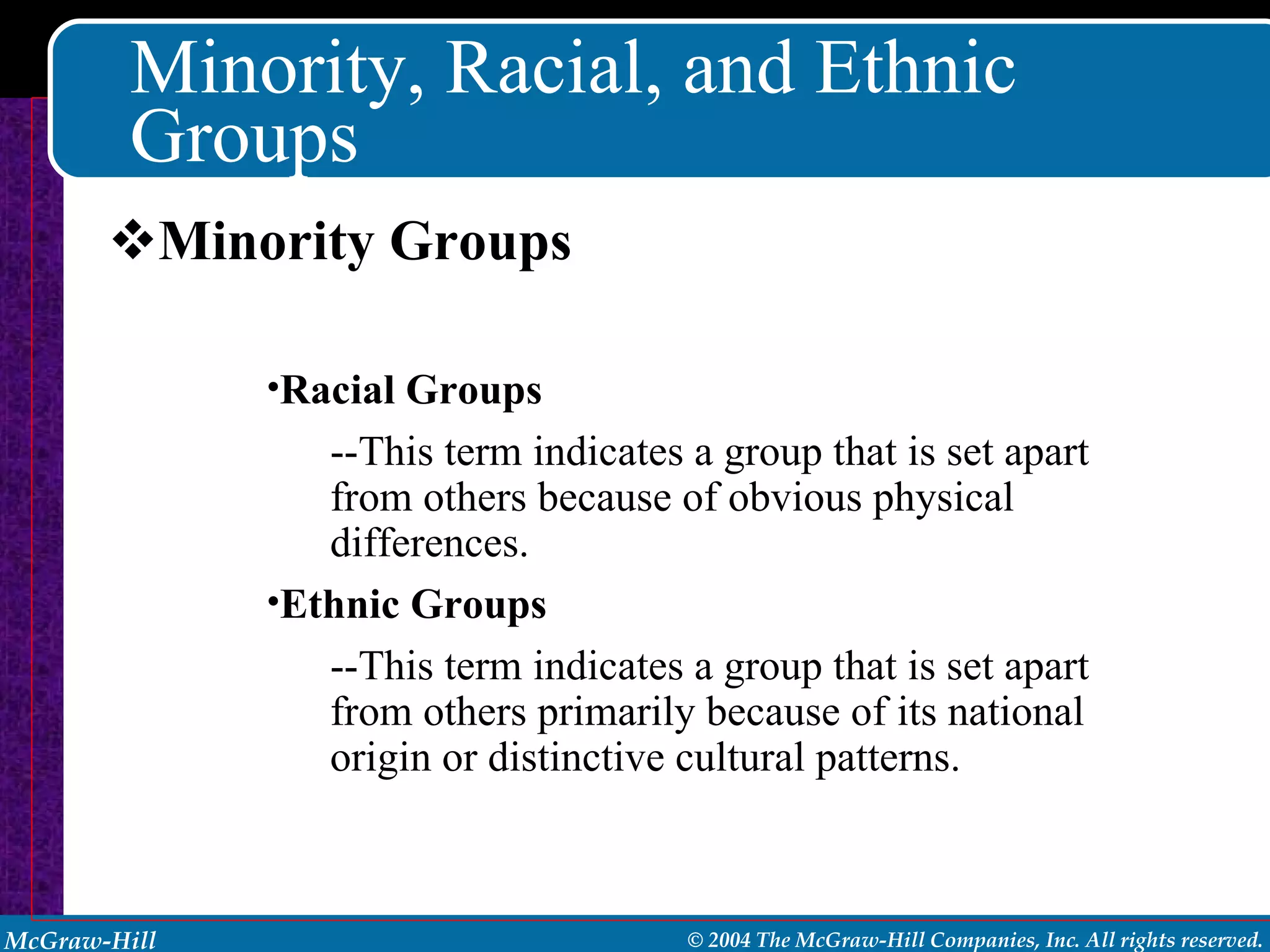 Minority, Racial, and Ethnic Groups Minority Groups Racial Groups --This term indicates a group that is set apart from others because of obvious physical differences. Ethnic Groups --This term indicates a group that is set apart from others primarily because of its national origin or distinctive cultural patterns. 