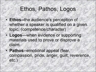 Ethos, Pathos, Logos Ethos-- the audience’s perception of whether a speaker is qualified on a given topic. (competence/character) Logos —when evidence or supporting materials used to prove or disprove a claim.  Pathos --emotional appeal (fear, compassion, pride, anger, guilt, reverence, etc.) 