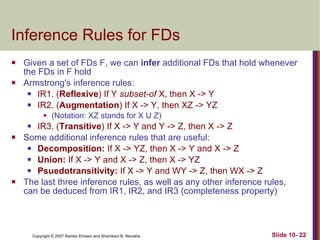 Inference Rules for FDs ,[object Object],[object Object],[object Object],[object Object],[object Object],[object Object],[object Object],[object Object],[object Object],[object Object],[object Object]