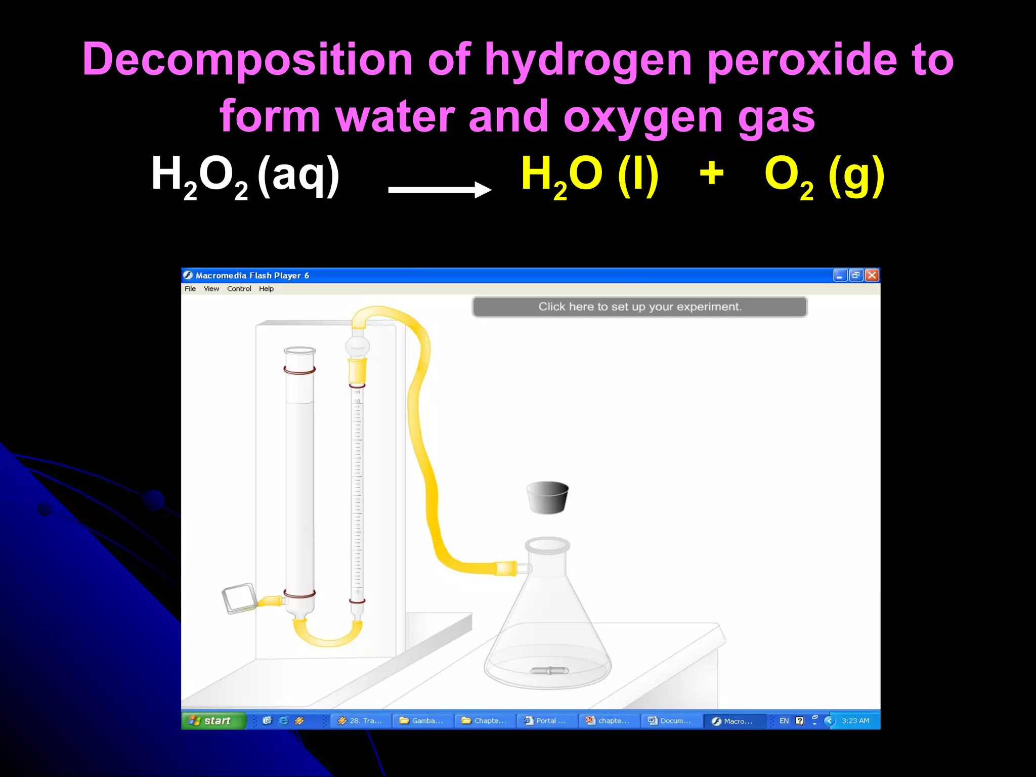 Decomposition of hydrogen peroxide to form water and oxygen gas H 2 O 2  (aq)  H 2 O (l)  +  O 2  (g) 