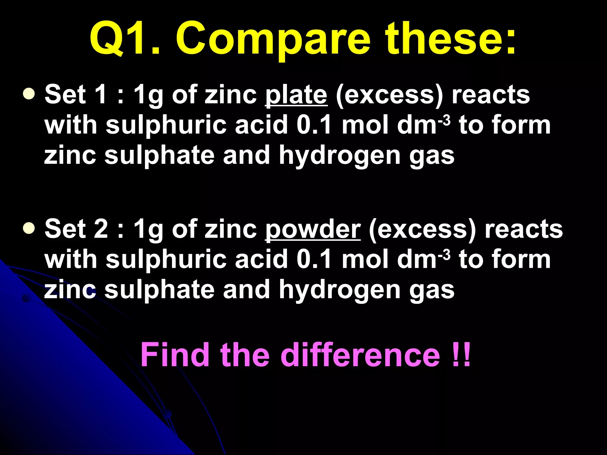 Q1. Compare these: Set 1 : 1g of zinc  plate  (excess) reacts with sulphuric acid 0.1 mol dm -3  to form zinc sulphate and hydrogen gas  Set 2 : 1g of zinc  powder  (excess) reacts with sulphuric acid 0.1 mol dm -3  to form zinc sulphate and hydrogen gas Find the difference !! 