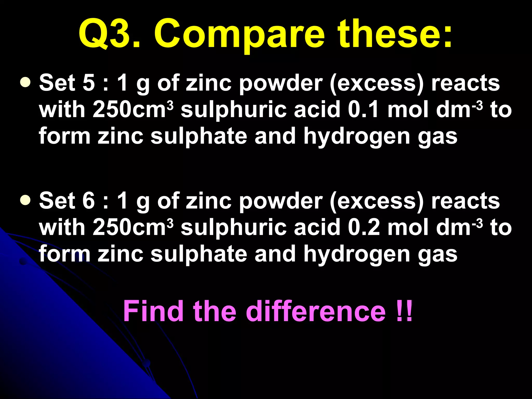 Q3. Compare these: Set 5 : 1 g of zinc powder (excess) reacts with 250cm 3  sulphuric acid 0.1 mol dm -3  to form zinc sulphate and hydrogen gas  Set 6 : 1 g of zinc powder (excess) reacts with 250cm 3  sulphuric acid 0.2 mol dm -3  to form zinc sulphate and hydrogen gas Find the difference !! 