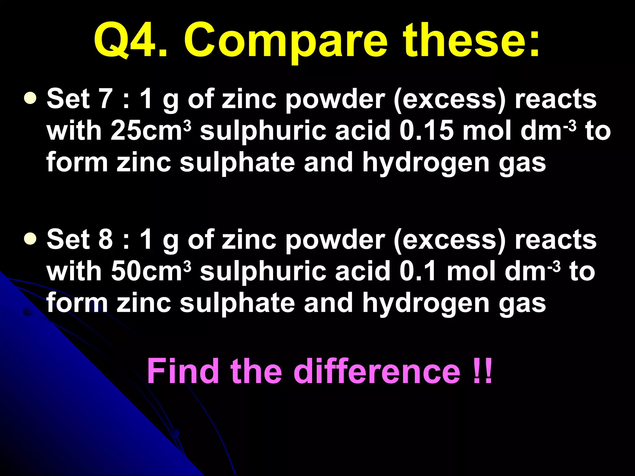 Q4. Compare these: Set 7 : 1 g of zinc powder (excess) reacts with 25cm 3  sulphuric acid 0.15 mol dm -3  to form zinc sulphate and hydrogen gas  Set 8 : 1 g of zinc powder (excess) reacts with 50cm 3  sulphuric acid 0.1 mol dm -3  to form zinc sulphate and hydrogen gas Find the difference !! 