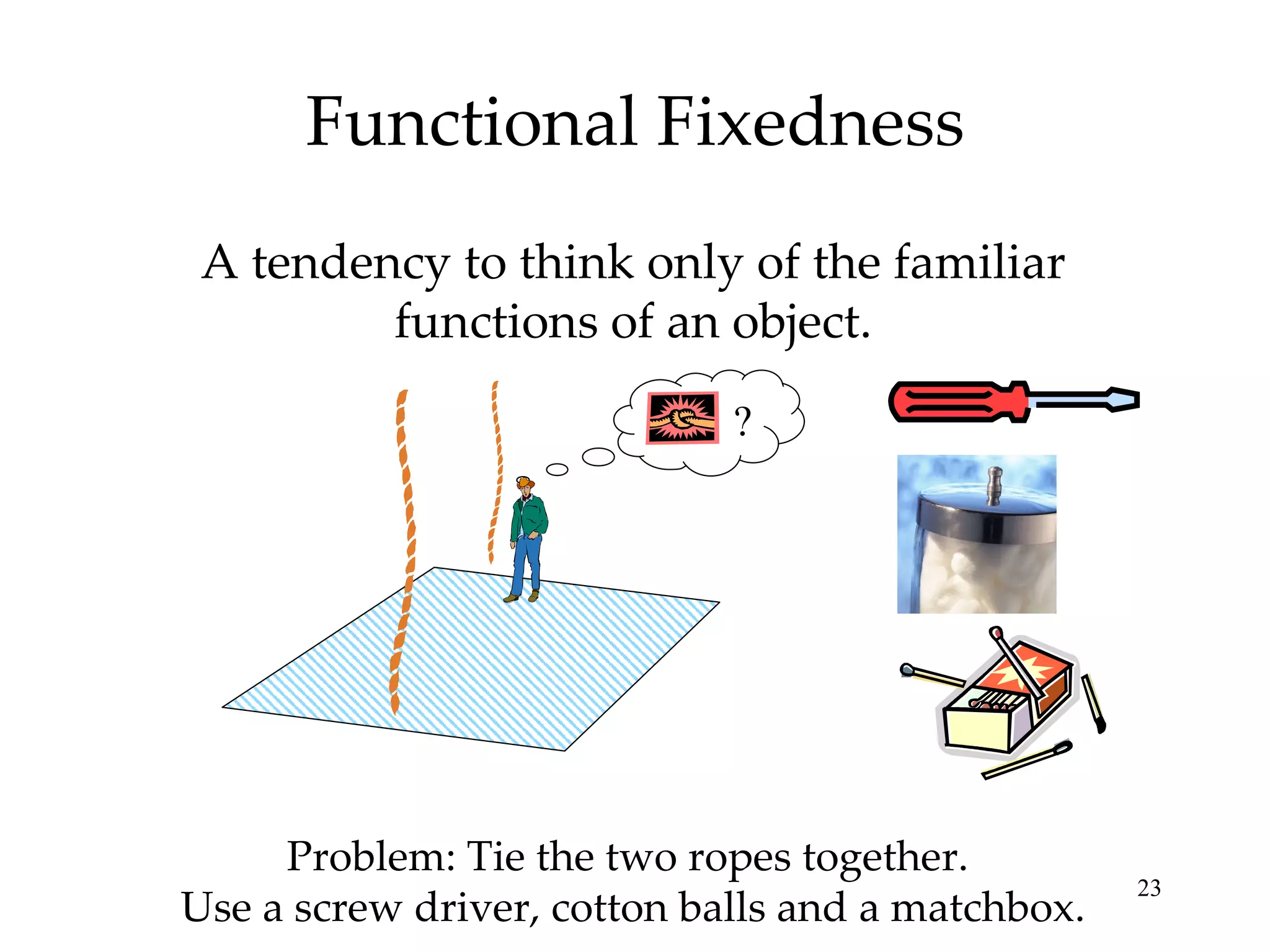 Functional Fixedness A tendency to think only of the familiar functions of an object. Problem: Tie the two ropes together.  Use a screw driver, cotton balls and a matchbox. ? 