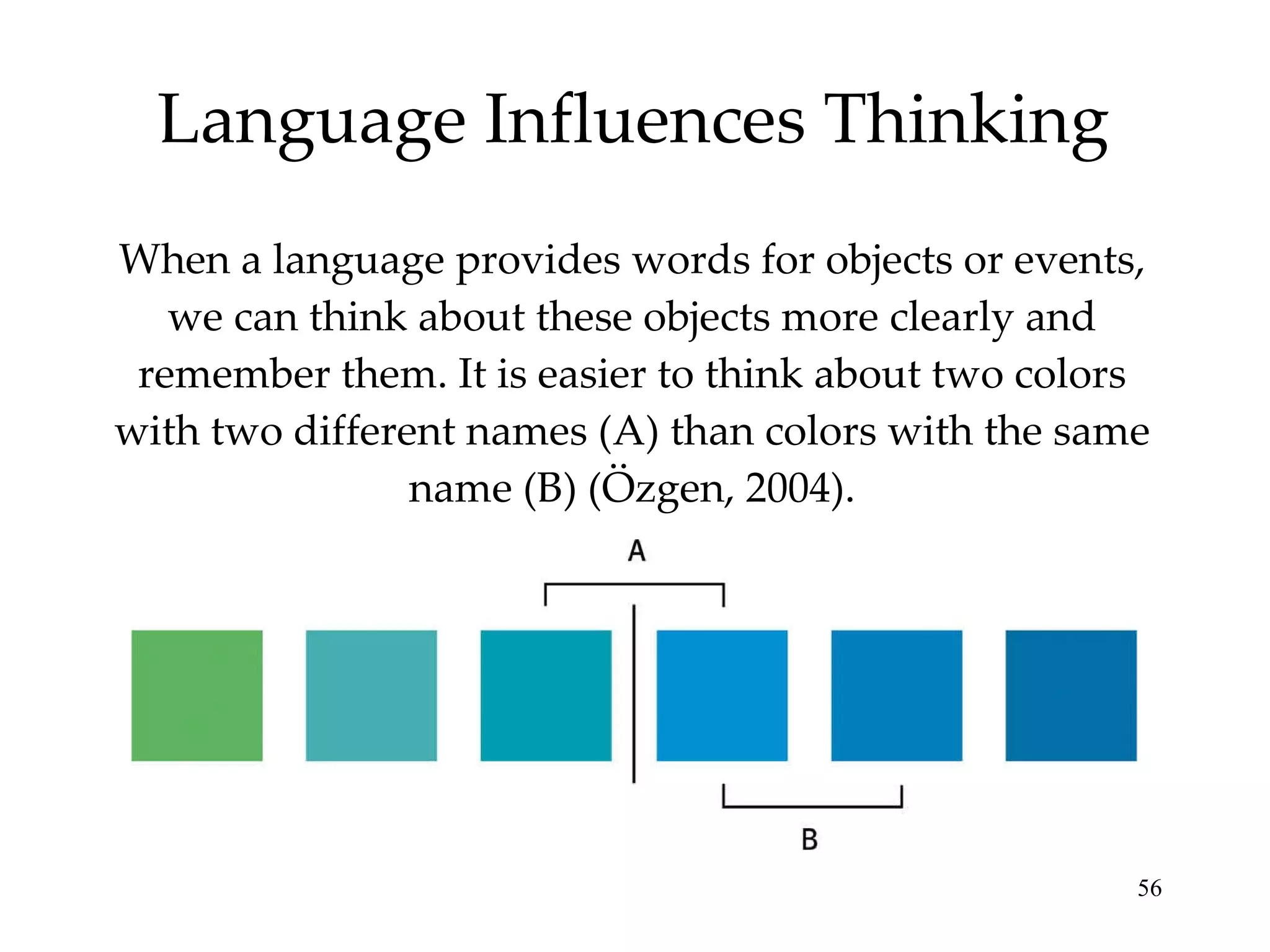 Language Influences Thinking When a language provides words for objects or events, we can think about these objects more clearly and remember them. It is easier to think about two colors with two different names (A) than colors with the same name (B) (Özgen, 2004). 