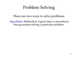Problem Solving There are two ways to solve problems: Algorithms:   Methodical, logical rules or procedures that guarantee solving a particular problem. 