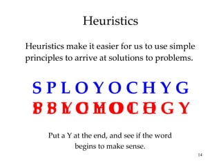 Heuristics Heuristics make it easier for us to use simple principles to arrive at solutions to problems.  S P L O Y O C H Y G S P L O Y O C H G Y P S L O Y O C H G Y P S Y C H O L O G Y Put a Y at the end, and see if the word begins to make sense. 