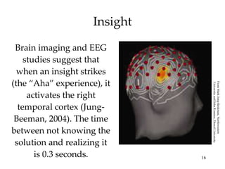 Insight Brain imaging and EEG studies suggest that when an insight strikes (the “Aha” experience), it activates the right temporal cortex (Jung-Beeman, 2004). The time between not knowing the solution and realizing it is 0.3 seconds. From Mark Jung-Beekman, Northwestern University and John Kounios, Drexel University 