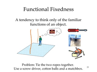 Functional Fixedness A tendency to think only of the familiar functions of an object. Problem: Tie the two ropes together.  Use a screw driver, cotton balls and a matchbox. ? 