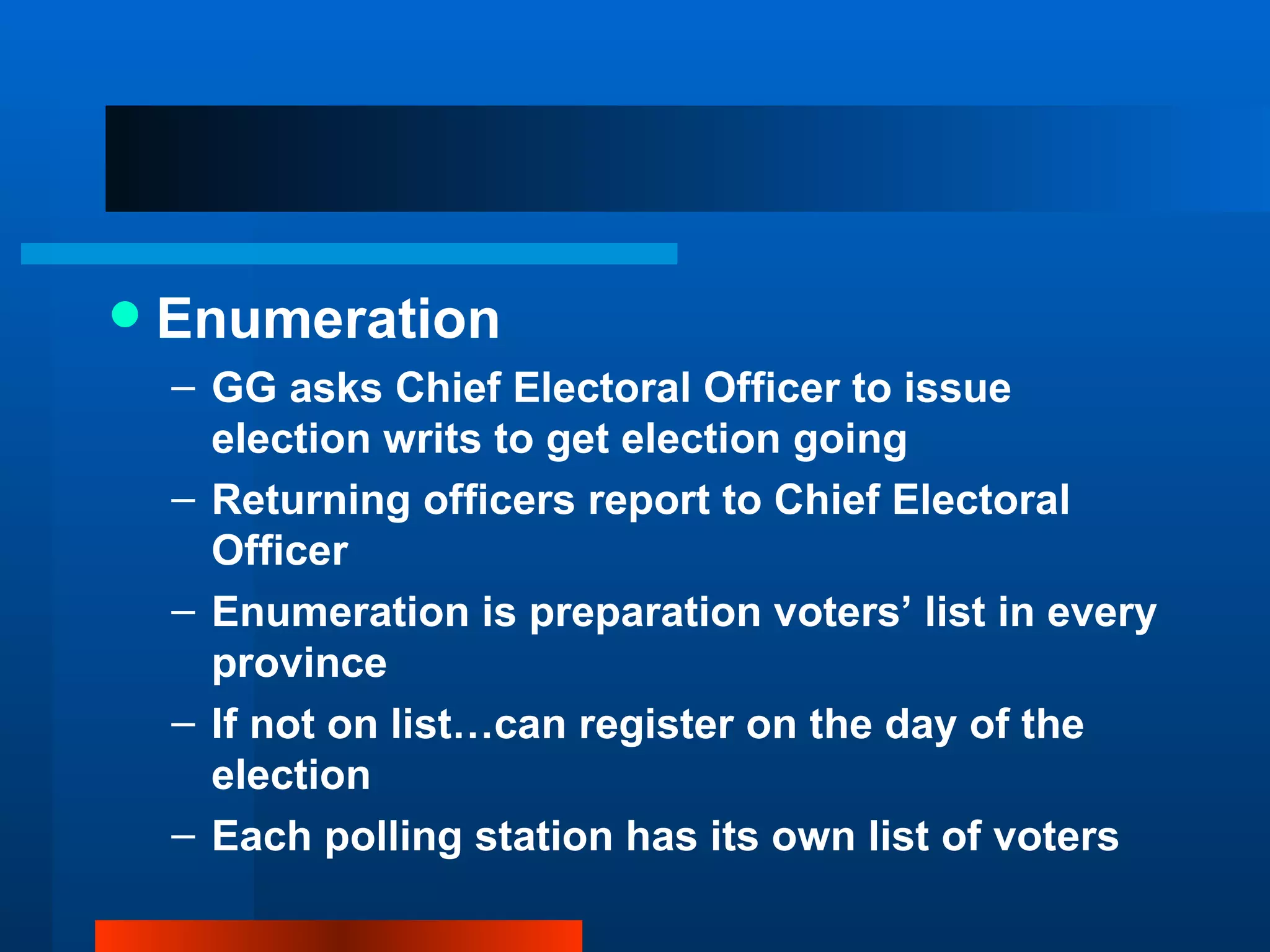 Enumeration GG asks Chief Electoral Officer to issue election writs to get election going Returning officers report to Chief Electoral Officer Enumeration is preparation voters’ list in every province If not on list…can register on the day of the election Each polling station has its own list of voters 