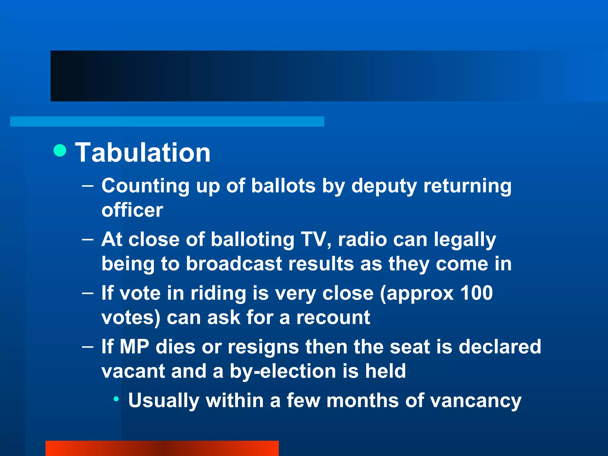Tabulation Counting up of ballots by deputy returning officer At close of balloting TV, radio can legally being to broadcast results as they come in If vote in riding is very close (approx 100 votes) can ask for a recount If MP dies or resigns then the seat is declared vacant and a by-election is held Usually within a few months of vancancy 