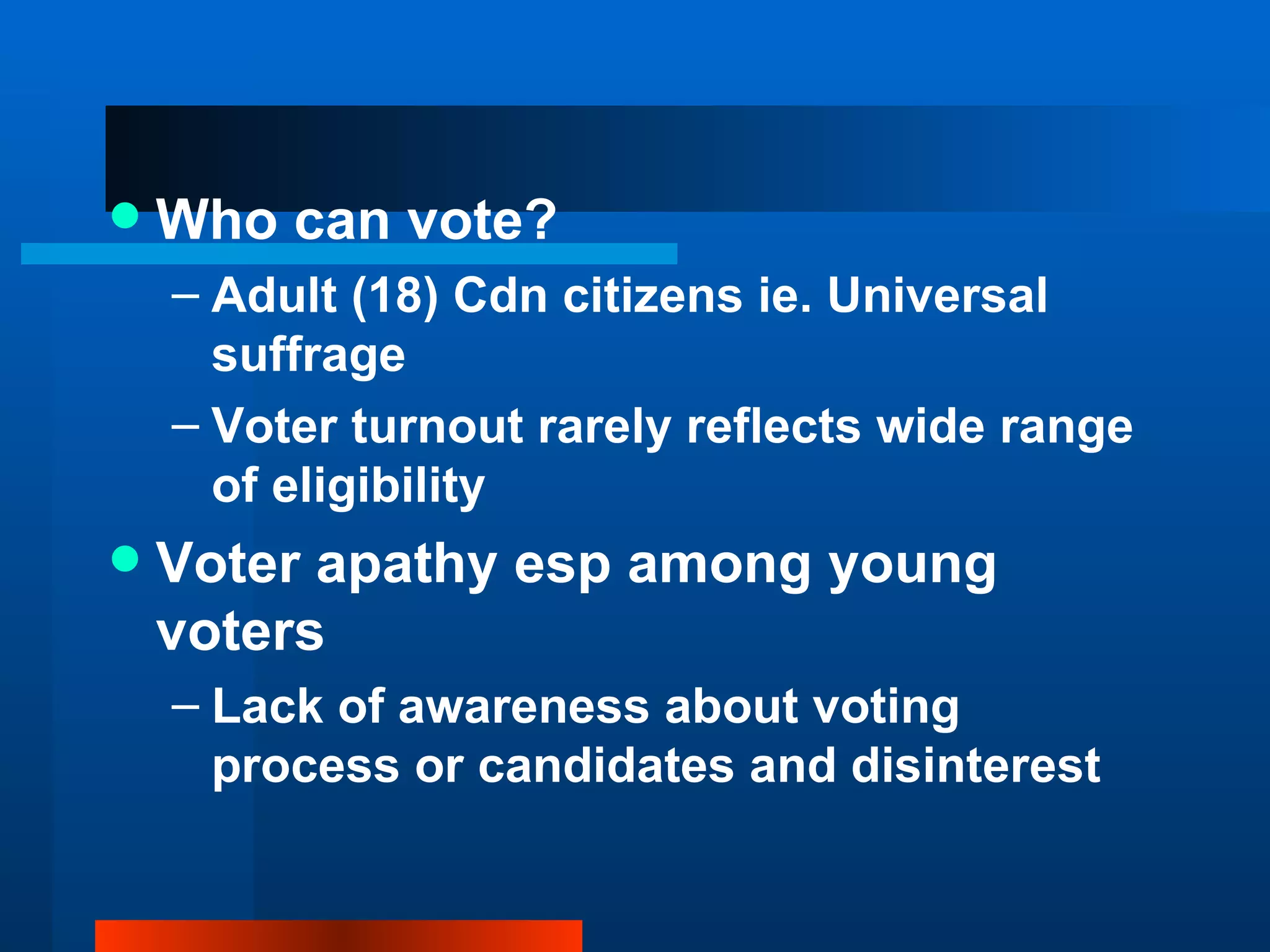 Who can vote?  Adult (18) Cdn citizens ie. Universal suffrage Voter turnout rarely reflects wide range of eligibility Voter apathy esp among young voters Lack of awareness about voting process or candidates and disinterest 
