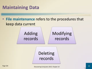 Maintaining Data
• File maintenance refers to the procedures that
keep data current
Discovering Computers 2012: Chapter 10
13Page 520
Adding
records
Modifying
records
Deleting
records
 