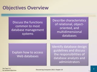 Objectives Overview
Discuss the functions
common to most
database management
systems
Describe characteristics
of relational, object-
oriented, and
multidimensional
databases
Explain how to access
Web databases
Identify database design
guidelines and discuss
the responsibilities of
database analysts and
administrators
Discovering Computers 2012: Chapter 10
3See Page 513
for Detailed Objectives
 