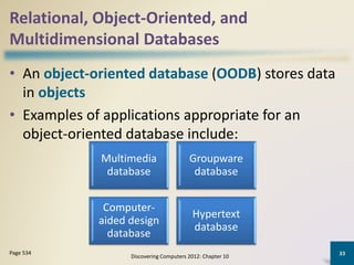 Relational, Object-Oriented, and
Multidimensional Databases
• An object-oriented database (OODB) stores data
in objects
• Examples of applications appropriate for an
object-oriented database include:
Discovering Computers 2012: Chapter 10
33Page 534
Multimedia
database
Groupware
database
Computer-
aided design
database
Hypertext
database
 