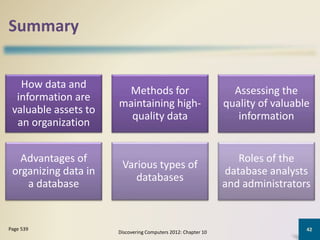 Summary
How data and
information are
valuable assets to
an organization
Methods for
maintaining high-
quality data
Assessing the
quality of valuable
information
Advantages of
organizing data in
a database
Various types of
databases
Roles of the
database analysts
and administrators
Discovering Computers 2012: Chapter 10
42Page 539
 