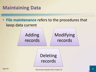 Maintaining Data

• File maintenance refers to the procedures that
  keep data current

            Adding                           Modifying
            records                           records


                        Deleting
                        records
Page 520                                                   13
                  Discovering Computers 2012: Chapter 10
 