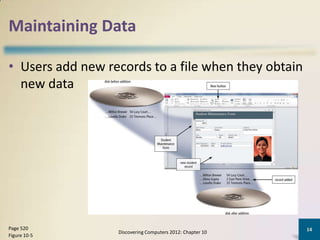 Maintaining Data

• Users add new records to a file when they obtain
  new data




Page 520                                                   14
                  Discovering Computers 2012: Chapter 10
Figure 10-5
 