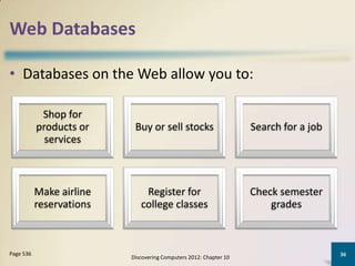 Web Databases

• Databases on the Web allow you to:

            Shop for
           products or     Buy or sell stocks                      Search for a job
             services



           Make airline       Register for                         Check semester
           reservations      college classes                           grades



Page 536                                                                              36
                          Discovering Computers 2012: Chapter 10
 