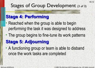Stages of Group Development   (3 of 3) Stage 4: Performing Reached when the group is able to begin  performing  the task it was designed to address The group begins to fine-tune its work patterns Stage 5: Adjourning A functioning group or team is able to disband once the work tasks are completed 