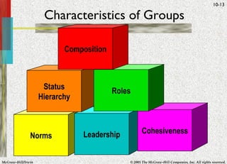 Characteristics of Groups Norms Leadership Cohesiveness Status Hierarchy Roles Composition 
