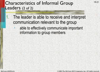Characteristics of Informal Group Leaders  (2 of 2) The leader is able to receive and interpret communication relevant to the group able to effectively communicate important information to group members 