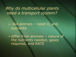 Why do multicellular plants
need a transport system?

  like animals – need O2 and
  nutrients

  differ from animals – nature of
  the nutrients needed, gases
  required, and RATE
 