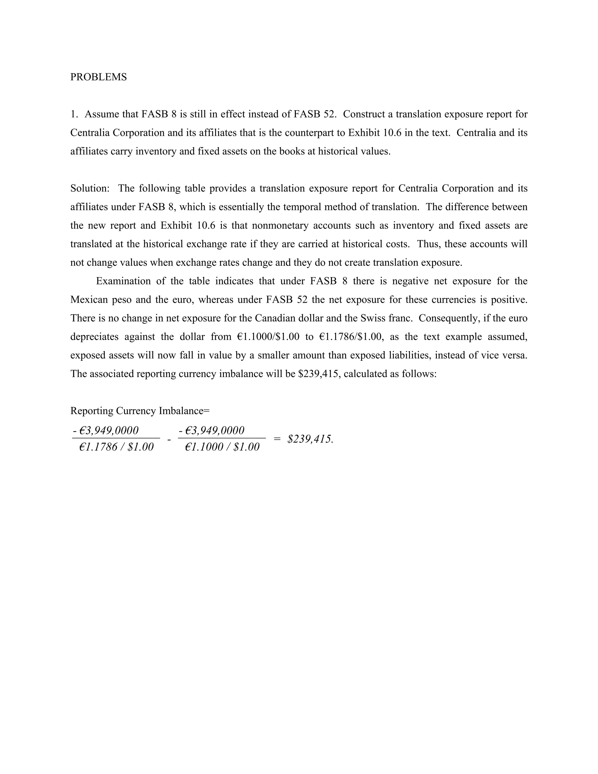 PROBLEMS


1. Assume that FASB 8 is still in effect instead of FASB 52. Construct a translation exposure report for
Centralia Corporation and its affiliates that is the counterpart to Exhibit 10.6 in the text. Centralia and its
affiliates carry inventory and fixed assets on the books at historical values.


Solution: The following table provides a translation exposure report for Centralia Corporation and its
affiliates under FASB 8, which is essentially the temporal method of translation. The difference between
the new report and Exhibit 10.6 is that nonmonetary accounts such as inventory and fixed assets are
translated at the historical exchange rate if they are carried at historical costs. Thus, these accounts will
not change values when exchange rates change and they do not create translation exposure.
      Examination of the table indicates that under FASB 8 there is negative net exposure for the
Mexican peso and the euro, whereas under FASB 52 the net exposure for these currencies is positive.
There is no change in net exposure for the Canadian dollar and the Swiss franc. Consequently, if the euro
depreciates against the dollar from €1.1000/$1.00 to €1.1786/$1.00, as the text example assumed,
exposed assets will now fall in value by a smaller amount than exposed liabilities, instead of vice versa.
The associated reporting currency imbalance will be $239,415, calculated as follows:


Reporting Currency Imbalance=
- €3,949,0000              - €3,949,0000
                       -                         = $239,415.
  €1.1786 / $1.00            €1.1000 / $1.00
 