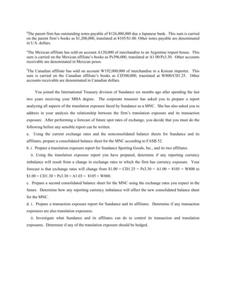 d
 The parent firm has outstanding notes payable of ¥126,000,000 due a Japanese bank. This sum is carried
on the parent firm’s books as $1,200,000, translated at ¥105/$1.00. Other notes payable are denominated
in U.S. dollars.
e
 The Mexican affiliate has sold on account A120,000 of merchandise to an Argentine import house. This
sum is carried on the Mexican affiliate’s books as Ps396,000, translated at A1.00/Ps3.30. Other accounts
receivable are denominated in Mexican pesos.
f
 The Canadian affiliate has sold on account W192,000,000 of merchandise to a Korean importer. This
sum is carried on the Canadian affiliate’s books as CD300,000, translated at W800/CD1.25. Other
accounts receivable are denominated in Canadian dollars.

       You joined the International Treasury division of Sundance six months ago after spending the last
two years receiving your MBA degree. The corporate treasurer has asked you to prepare a report
analyzing all aspects of the translation exposure faced by Sundance as a MNC. She has also asked you to
address in your analysis the relationship between the firm’s translation exposure and its transaction
exposure. After performing a forecast of future spot rates of exchange, you decide that you must do the
following before any sensible report can be written.
a.    Using the current exchange rates and the nonconsolidated balance sheets for Sundance and its
affiliates, prepare a consolidated balance sheet for the MNC according to FASB 52.
b. i. Prepare a translation exposure report for Sundance Sporting Goods, Inc., and its two affiliates.
     ii. Using the translation exposure report you have prepared, determine if any reporting currency
imbalance will result from a change in exchange rates to which the firm has currency exposure. Your
forecast is that exchange rates will change from $1.00 = CD1.25 = Ps3.30 = A1.00 = ¥105 = W800 to
$1.00 = CD1.30 = Ps3.30 = A1.03 = ¥105 = W800.
c. Prepare a second consolidated balance sheet for the MNC using the exchange rates you expect in the
future. Determine how any reporting currency imbalance will affect the new consolidated balance sheet
for the MNC.
d. i. Prepare a transaction exposure report for Sundance and its affiliates. Determine if any transaction
exposures are also translation exposures.
     ii. Investigate what Sundance and its affiliates can do to control its transaction and translation
exposures. Determine if any of the translation exposure should be hedged.
 