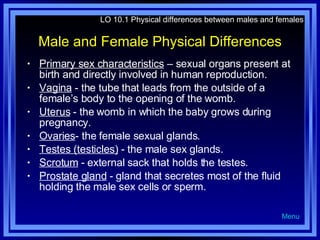 Male and Female Physical Differences Primary sex characteristics  – sexual organs present at birth and directly involved in human reproduction. Vagina  - the tube that leads from the outside of a female’s body to the opening of the womb. Uterus  - the womb in which the baby grows during pregnancy. Ovaries - the female sexual glands. Testes (testicles)  - the male sex glands. Scrotum  - external sack that holds the testes. Prostate gland  - gland that secretes most of the fluid holding the male sex cells or sperm. LO 10.1 Physical differences between males and females Menu 