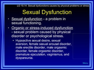 Sexual Dysfunction Sexual dysfunction  - a problem in sexual functioning. Organic or stress-induced dysfunction  - sexual problem caused by physical disorder or psychological stress.  Hypoactive sexual desire, sexual aversion, female sexual arousal disorder, male erectile disorder, male orgasmic disorder, female orgasmic disorder, premature ejaculation, vaginismus, and dyspareunia. LO 10.14  Sexual dysfunctions causes by physical problems or stress Menu 