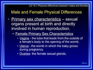 Male and Female Physical Differences Primary sex characteristics  – sexual organs present at birth and directly involved in human reproduction. Female Primary Sex Characteristics Vagina  - the tube that leads from the outside of a female’s body to the opening of the womb. Uterus  - the womb in which the baby grows during pregnancy. Ovaries - the female sexual glands. LO 10.1 Physical differences between males and females Menu 