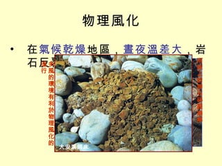 物理風化 在 氣候乾燥 地區， 晝夜溫差大 ，岩石反覆 熱脹冷縮 而崩解 澎湖雨量少、水分缺乏，高溫多風的環境有利於物理風化的進行 澎湖小門嶼 河床上的卵石碎裂崩解 大安溪河床 