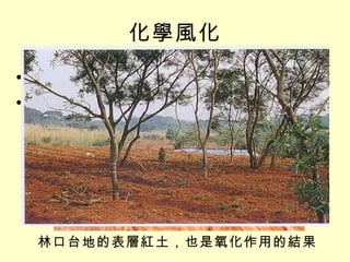 化學風化 多與 水 有關，盛行於 高溫多雨 氣候區 氧化作用 岩層中所含鐵、鋁等物質，受到水和空氣作用後，被氧化成 紅褐色 的氧化鐵，在岩石表面或節理裂縫處，形成 風化紋 林口台地的表層紅土，也是氧化作用的結果 