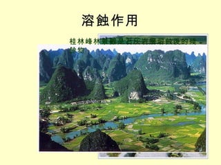 溶蝕作用 溶蝕作用使石灰岩層表面凹凸不平 桂林峰林景觀是石灰岩層溶蝕後的殘餘物 
