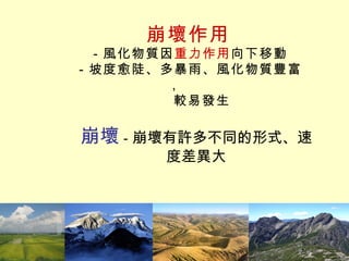 崩壞作用 －風化物質因 重力作用 向下移動 －坡度愈陡、多暴雨、風化物質豐富，    較易發生 崩壞 － 崩壞有許多不同的形式、速度差異大 