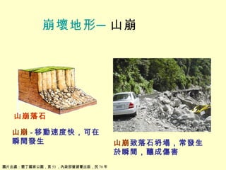 崩壞地形─ 山崩 山崩落石 山崩 - 移動速度快，可在瞬間發生 圖片出處：墾丁國家公園，頁 53 ，內政部營建署出版，民 78 年   山崩 致落石坍塌，常發生於瞬間，釀成傷害 