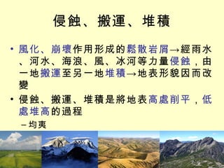 侵蝕、搬運、堆積 風化、崩壞 作用形成的 鬆散岩屑 ->經雨水、河水、海浪、風、冰河等力量 侵蝕 ，由一地 搬運 至另一地 堆積 ->地表形貌因而改變 侵蝕、搬運、堆積是將地表 高處削平 ， 低處堆高 的過程 均夷 