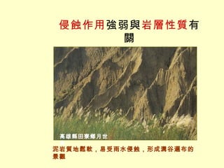 侵蝕作用 強弱與 岩層性質 有關 泥岩質地鬆軟，易受雨水侵蝕，形成溝谷遍布的景觀 高雄縣田寮鄉月世界 