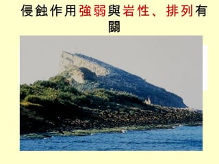 侵蝕作用 強弱 與 岩性、排列 有關 軟岩 硬岩 